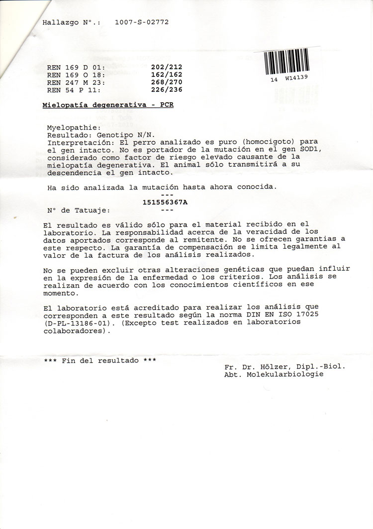 Kerry Blue Terrier de La Cadiera. "Informe Oficial Laboklin Anita DM"