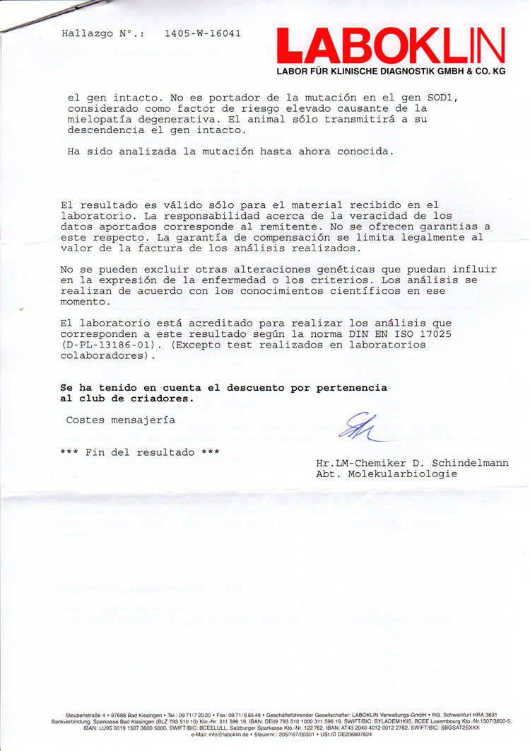 Kerry Blue Terrier de La Cadiera. "Informe Oficial Laboklin Electra vWD y DM"