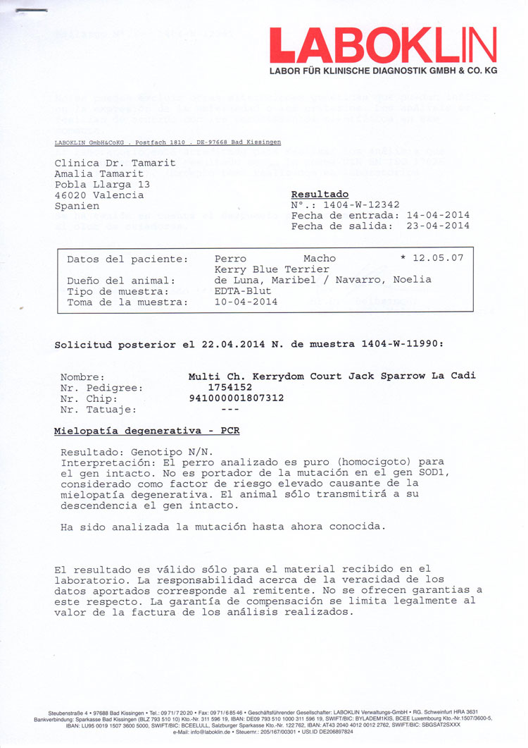 Kerry Blue Terrier de La Cadiera. "Informe Oficial Jack Sparrow Labokin vWD"