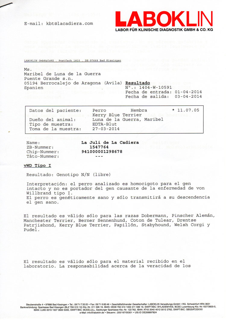 Kerry Blue Terrier de La Cadiera. "Informe Oficial Laboklin Juli DM"