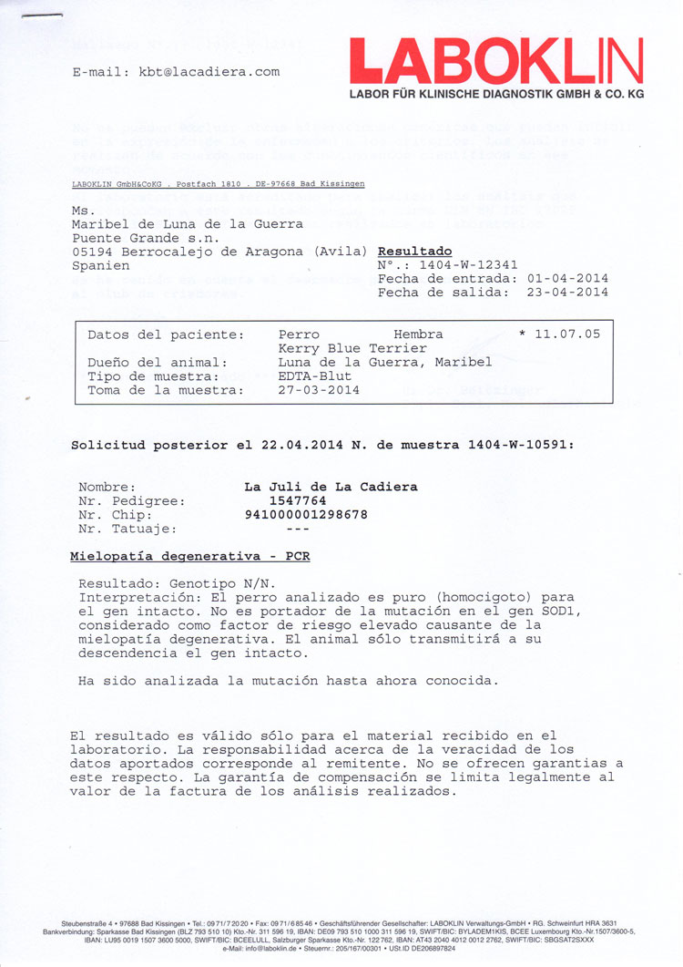 Kerry Blue Terrier de La Cadiera. "Informe Oficial Laboklin Juli vWD"