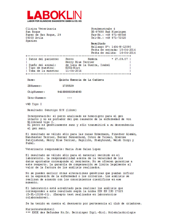 Kerry Blue Terrier de La Cadiera. "Informe Oficial Laboklin Menta vWD"