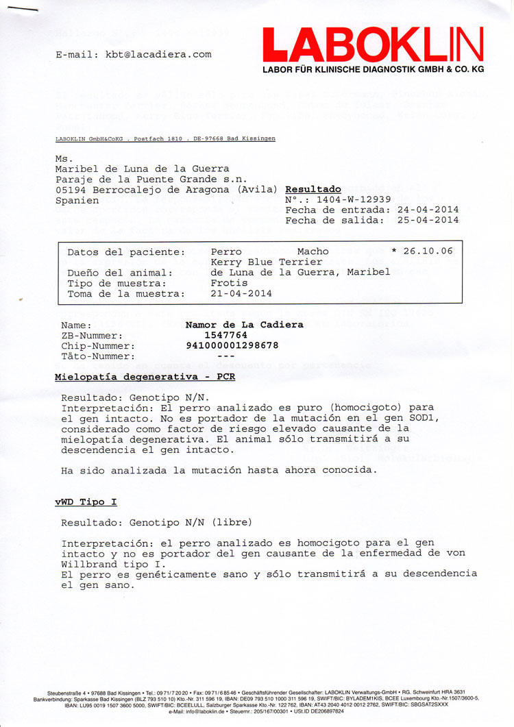 Kerry Blue Terrier de La Cadiera. "Informe Oficial Laboklin Namor vWD y DM"