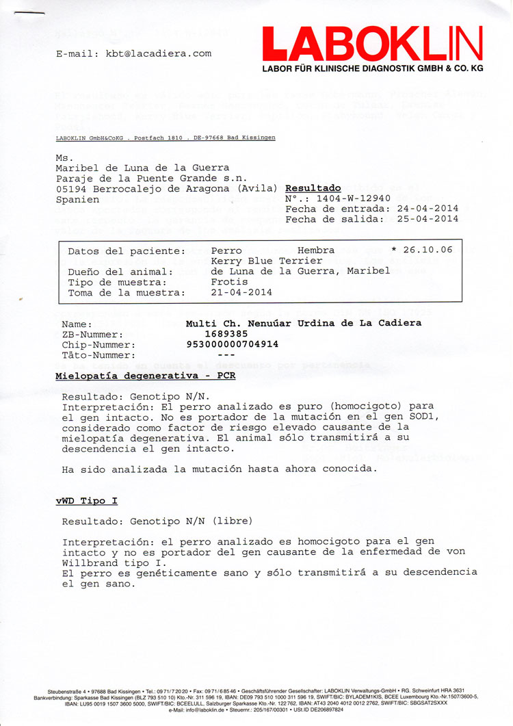 Kerry Blue Terrier de La Cadiera. "Informes Oficiales Laboklin Frida vWD y DM"